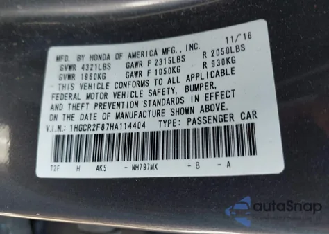 2017 Honda Accord Ex-L z USA, uszkodzony, nr VIN 1HGCR2F87HA114404